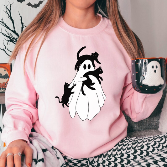 A stylish oversized sweatshirt with a cute and spooky ghost cat design, perfect for Halloween and cat lovers. The black cat ghost adds a touch of whimsy to your fall outfit.