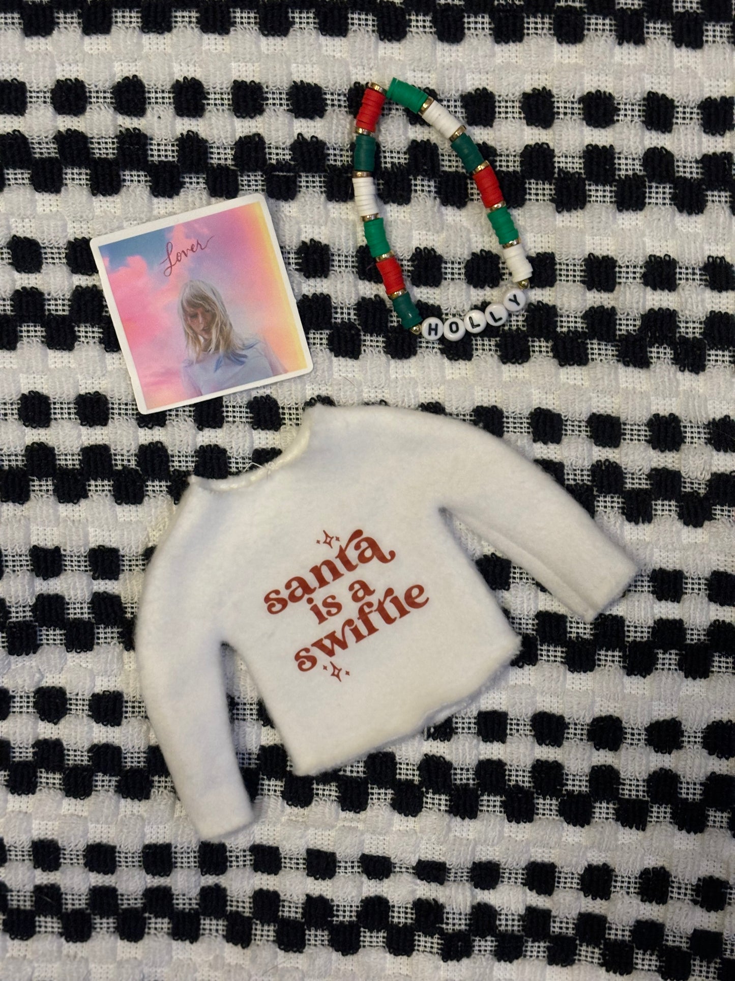 BUNDLE Santa is a Swift1e sweater for 12" doll, sticker, bracelet