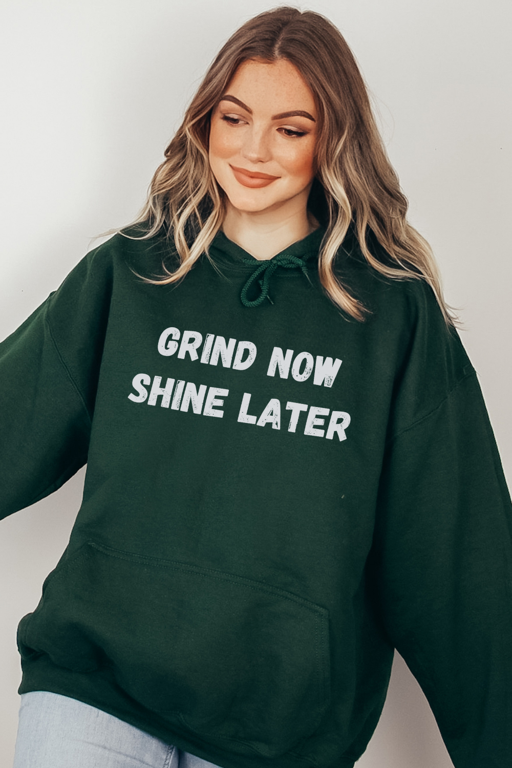 Trendy gym hoodie with "Grind Now Shine Later" front graphic