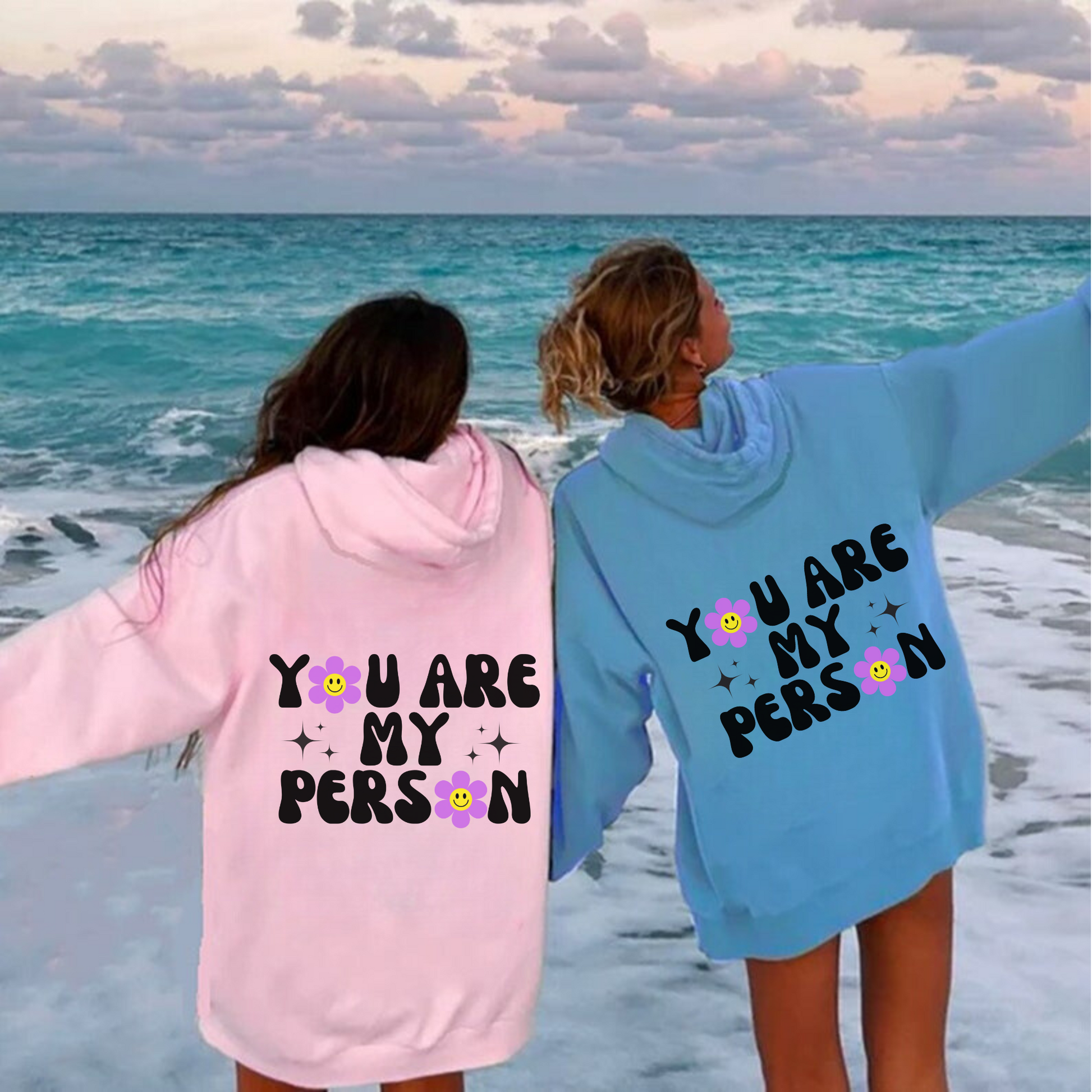 Oversized trendy hoodie with the text 'You Are My Person'. A cozy and stylish college hoodie perfect for sororities, best friends, and matching outfits. The ideal gift for your best friend, featuring a cute and trendy design.