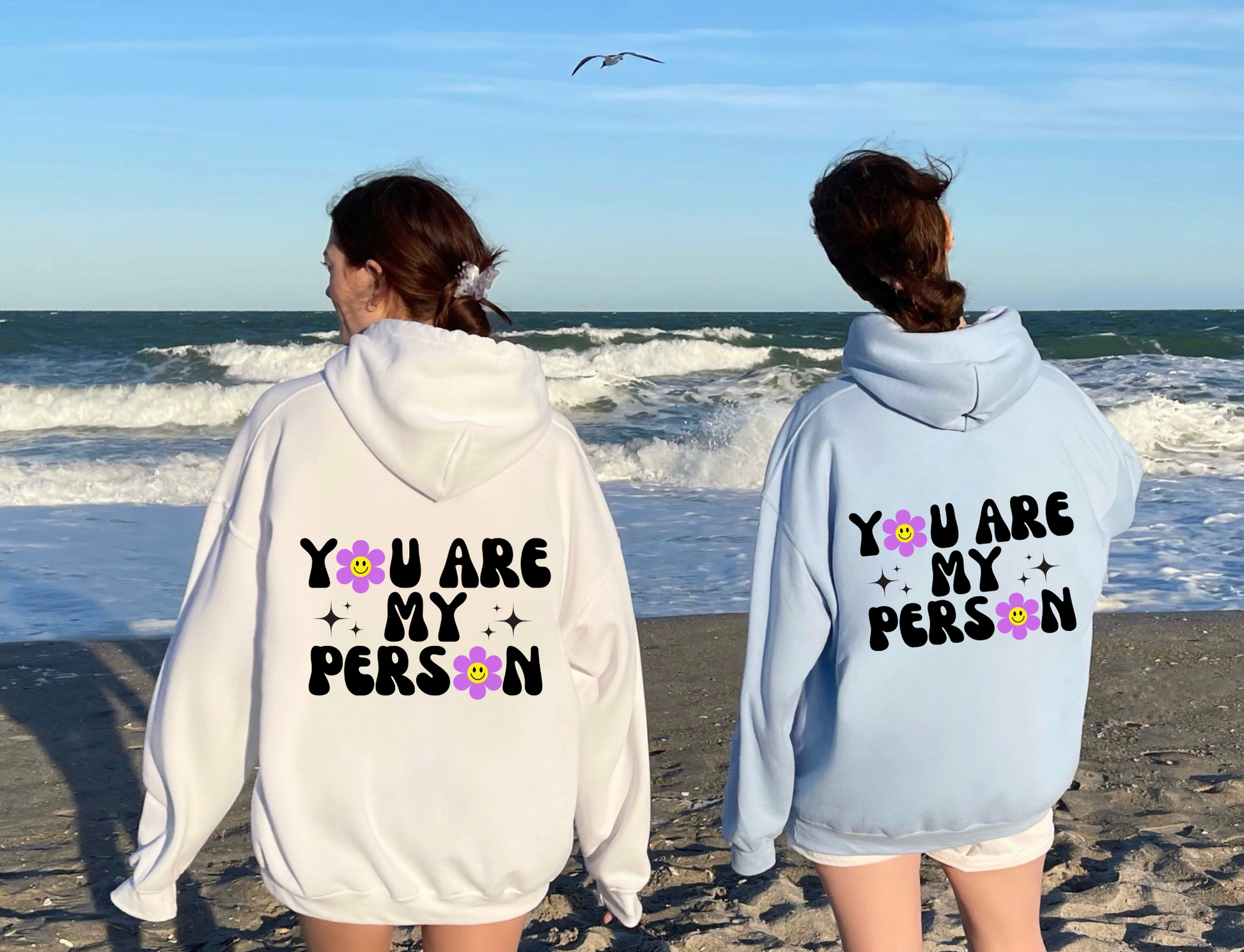 Oversized trendy hoodie with the text 'You Are My Person'. A cozy and stylish college hoodie perfect for sororities, best friends, and matching outfits. The ideal gift for your best friend, featuring a cute and trendy design.