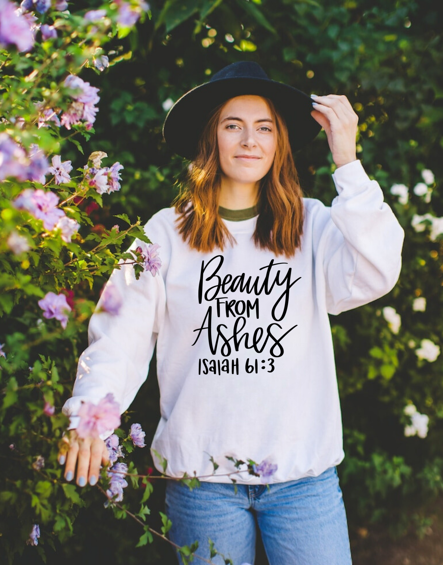 "Beauty from Ashes" Christian crewneck sweatshirt with a biblical quote.