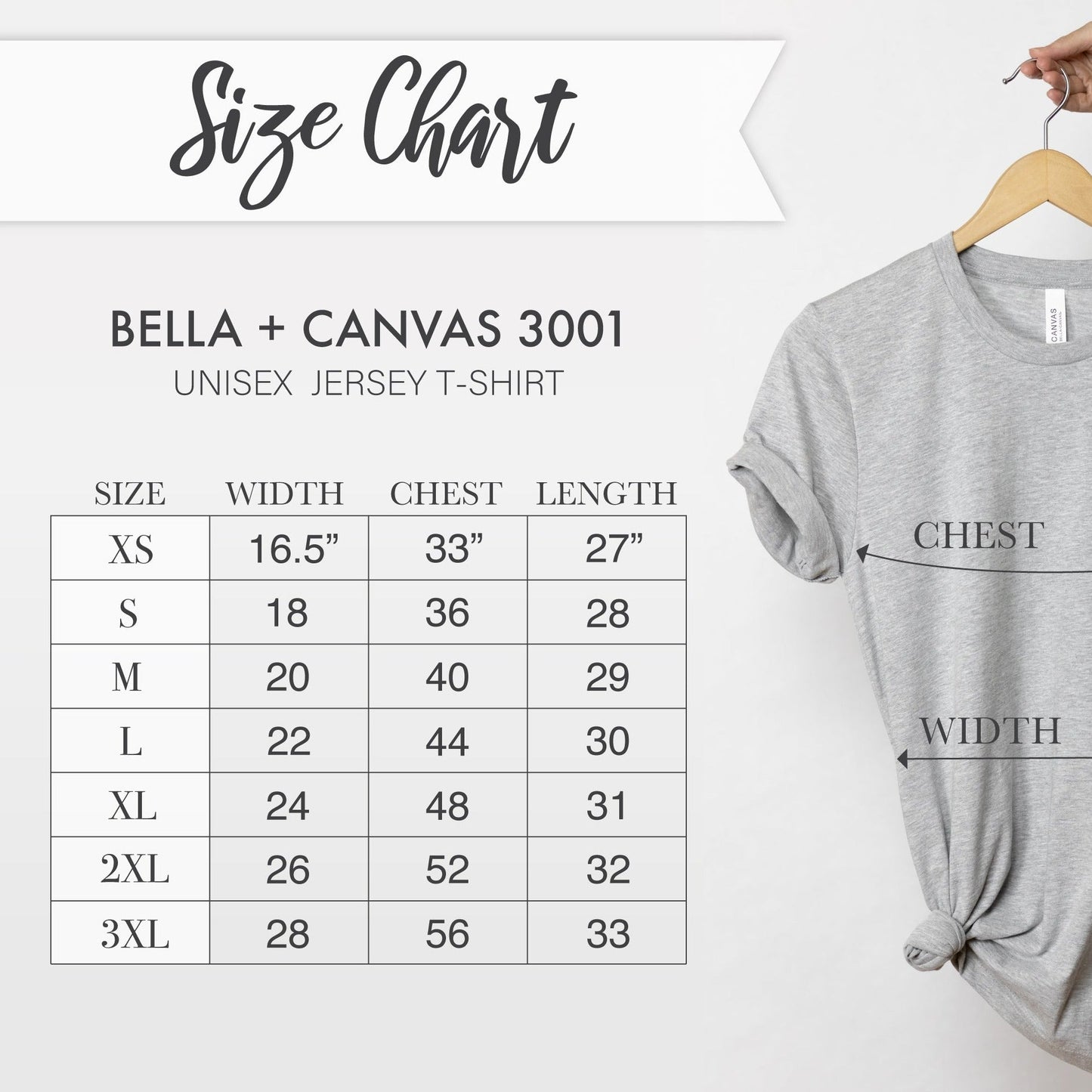 Bella Canvas 3001 Unisex Jersey T-shirt Size Chart