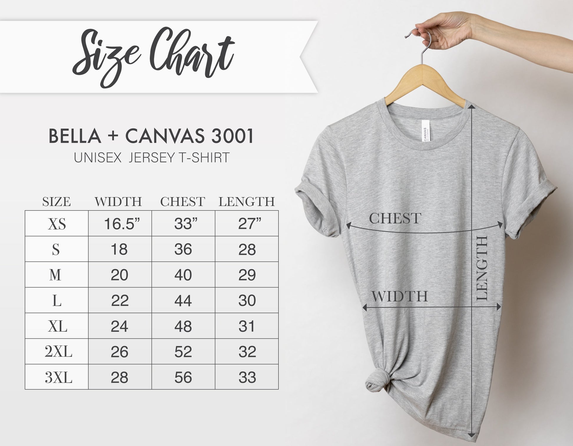 Bella Canvas 3001 Unisex Jersey T-shirt Size Chart