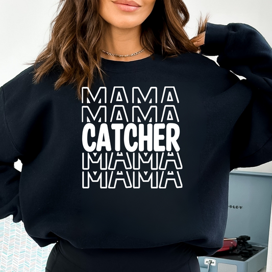 A comfortable and stylish baseball mom crewneck sweatshirt featuring the words 'Catcher Mama'. This baseball-themed sweatshirt is an ideal mom outfit for game days at the baseball game, celebrating the dedicated role of a catcher mom.