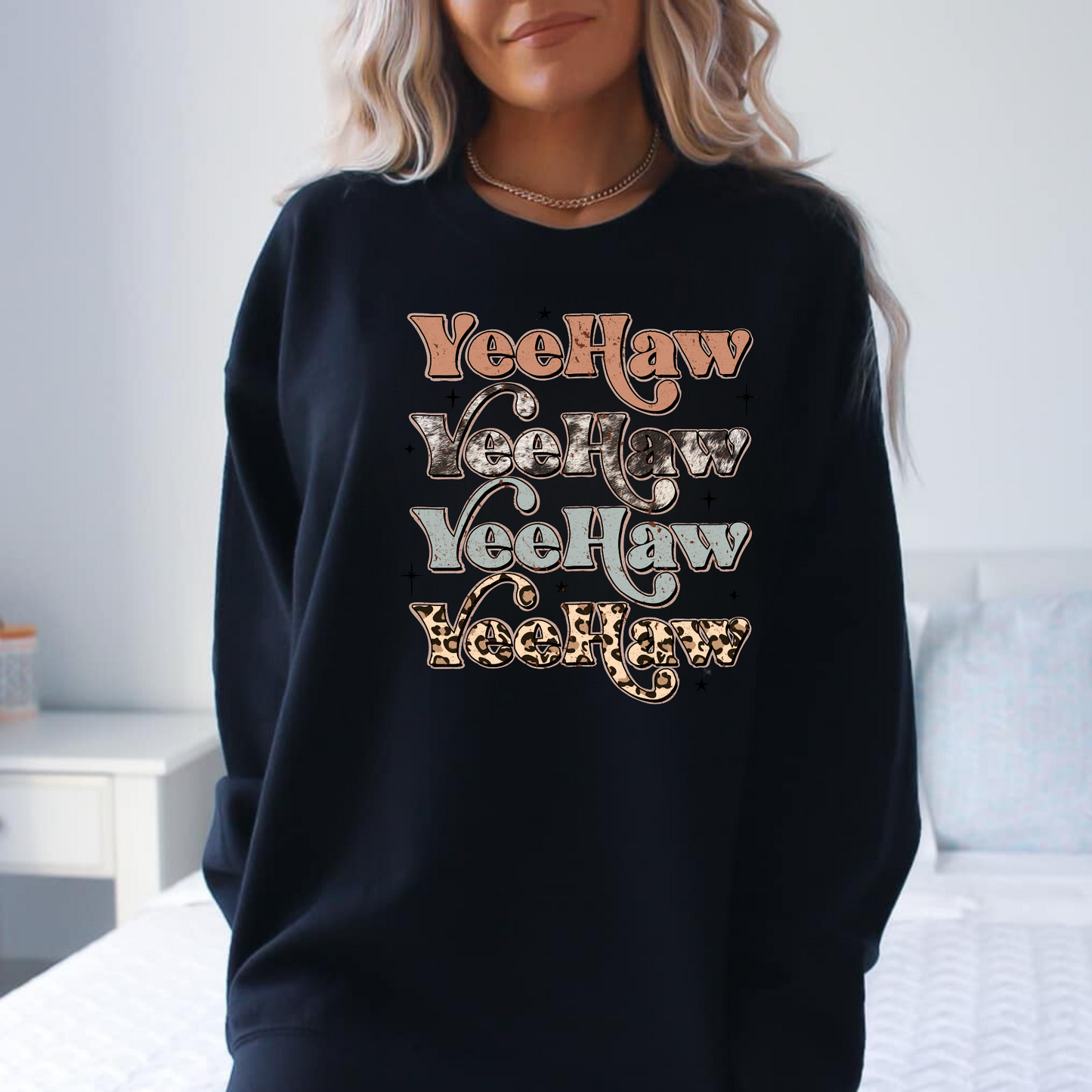 Cow Print Yee Haw Western Crewneck Sweatshirt