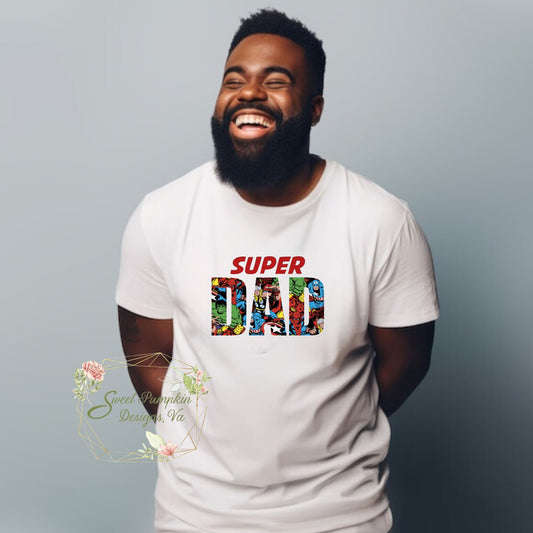 "Super Dad" superhero shirt for Father's Day with a bold design featuring the text "Super Dad" in vibrant colors and superhero icons.