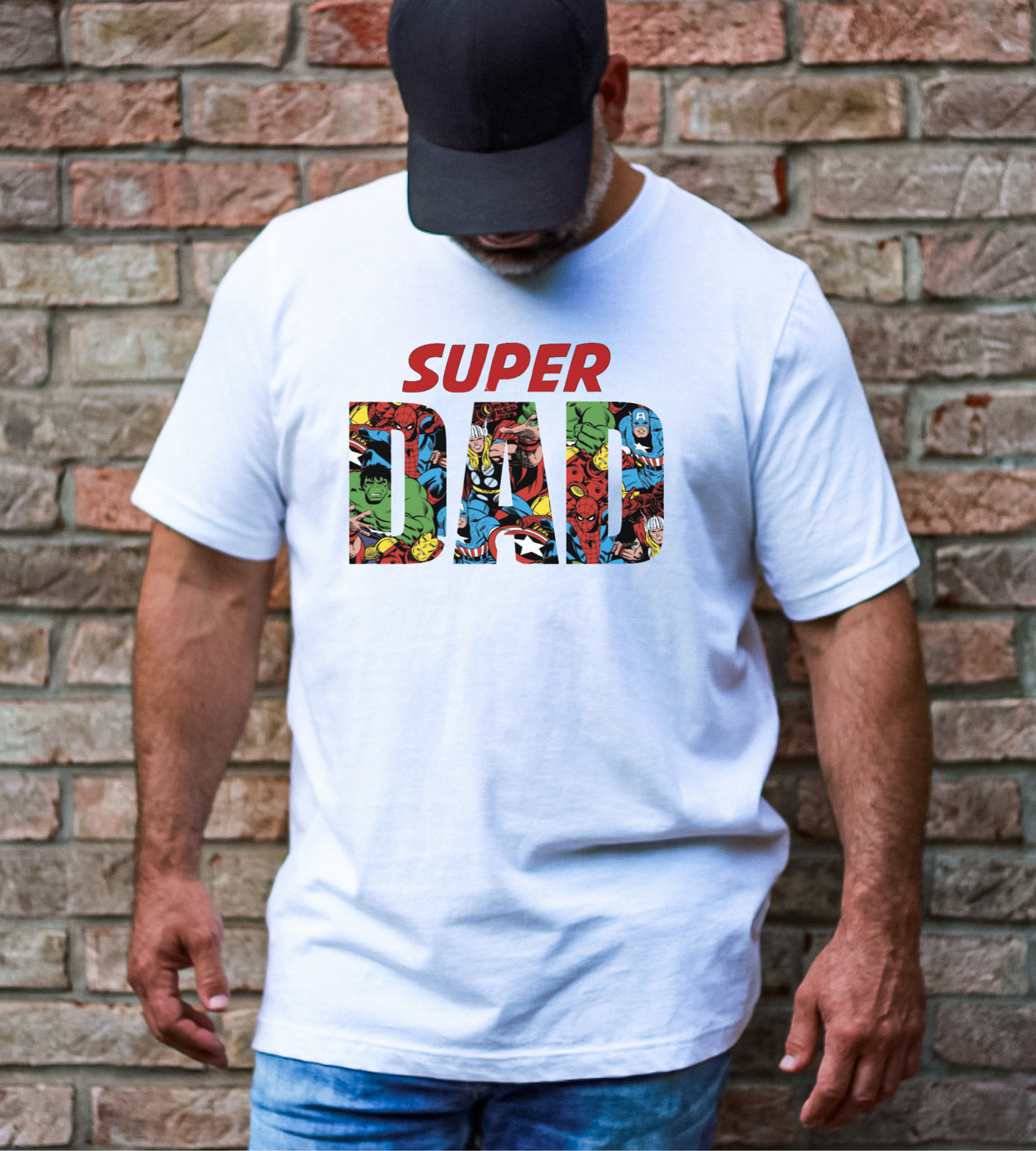 "Super Dad" superhero shirt for Father's Day with a bold design featuring the text "Super Dad" in vibrant colors and superhero icons.