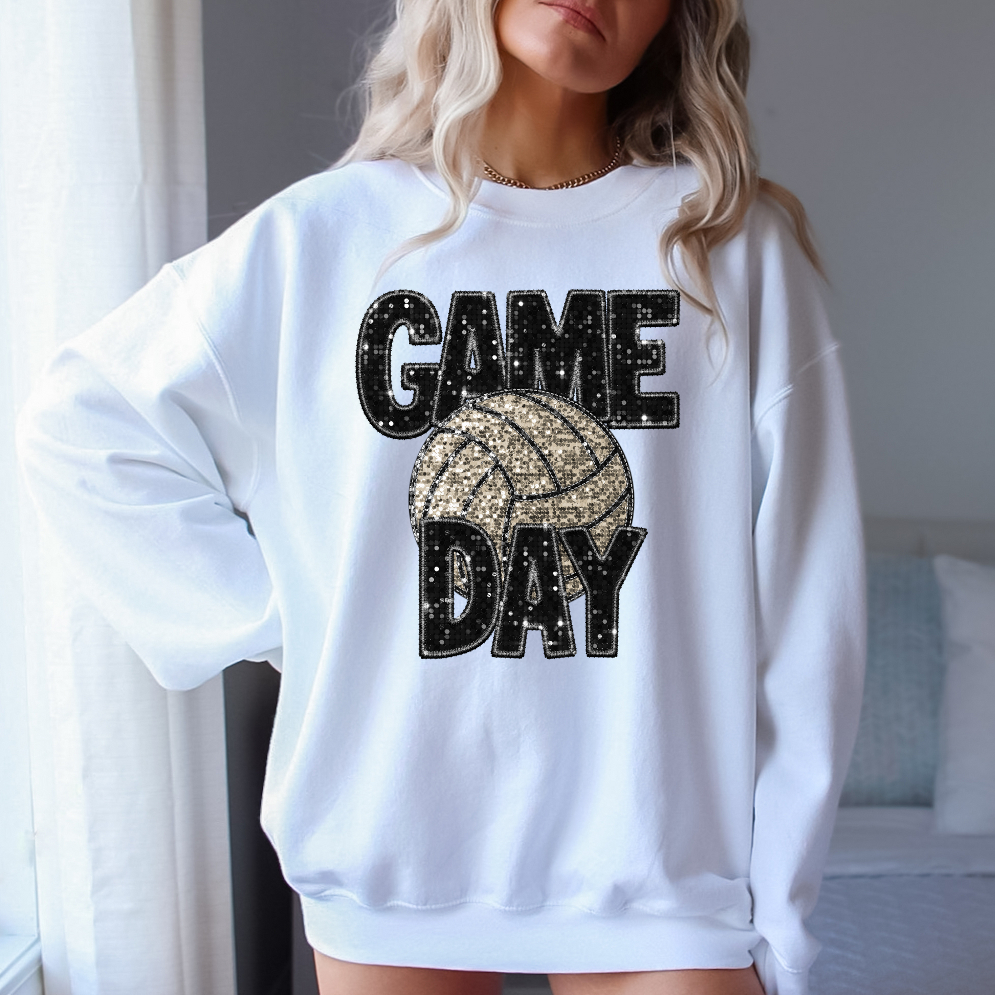 Close-up view of a cozy Glitter Volleyball Game Day Crewneck Sweatshirt in sparkling design, perfect as a trendy volleyball mom gift for a comfy and stylish volleyball game day outfit.