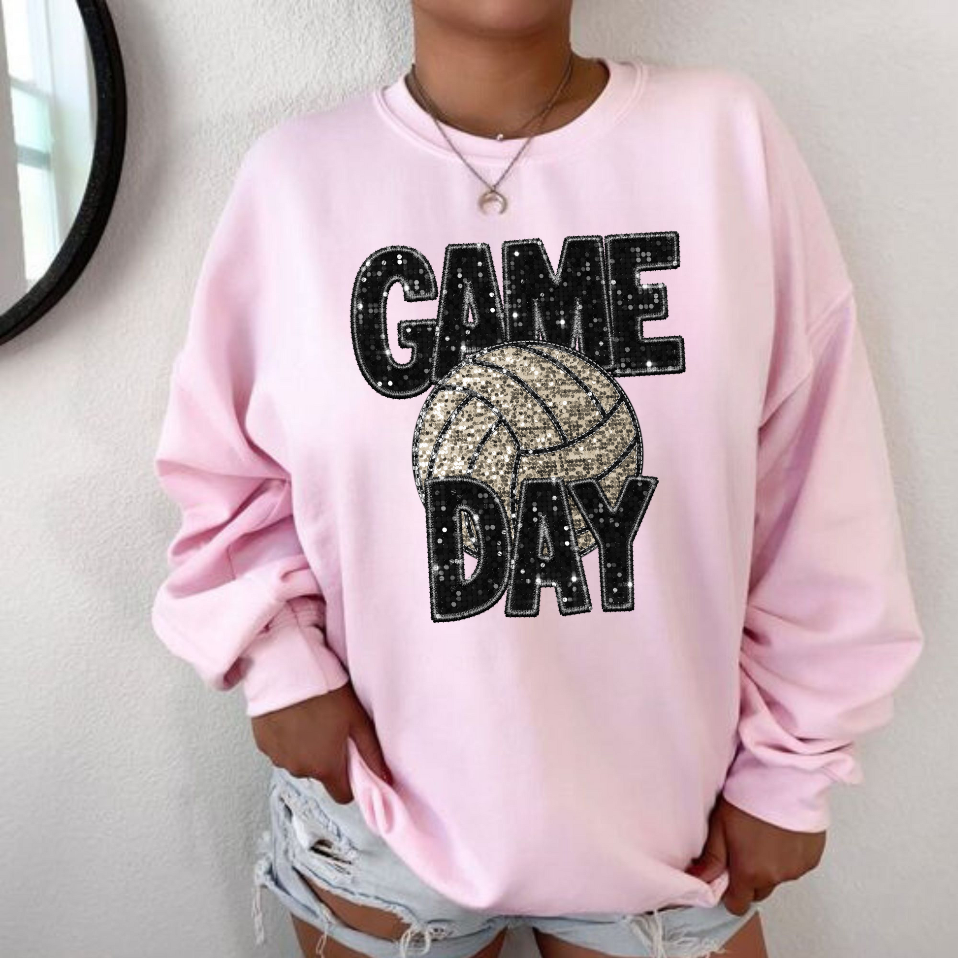 Close-up view of a cozy Glitter Volleyball Game Day Crewneck Sweatshirt in sparkling design, perfect as a trendy volleyball mom gift for a comfy and stylish volleyball game day outfit.