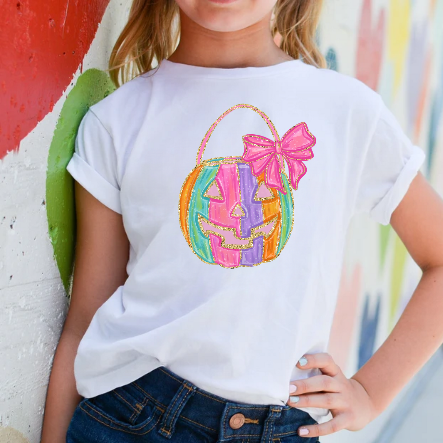 Glitter Rainbow Pumpkin Bow Halloween Shirt