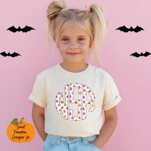 Pink Pumpkin Monogram Halloween Shirt for Girls