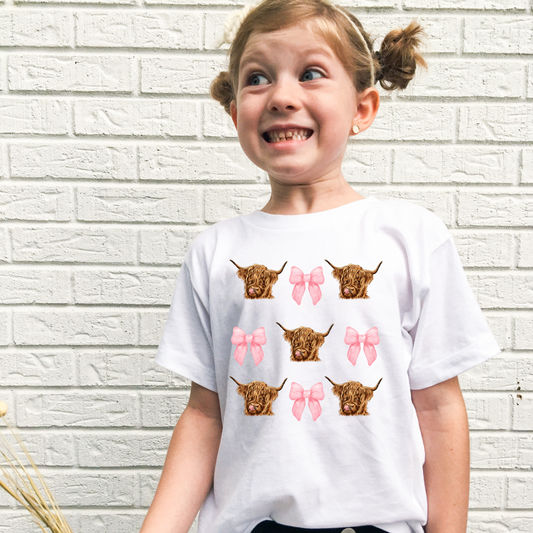 Highland Cow Coquette Pink Bow Shirt for Girls