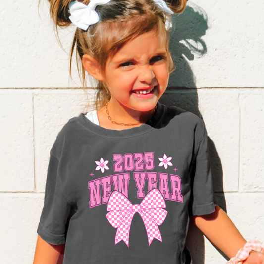 Happy New Year 2025 Pink Bow Shirt for Kids