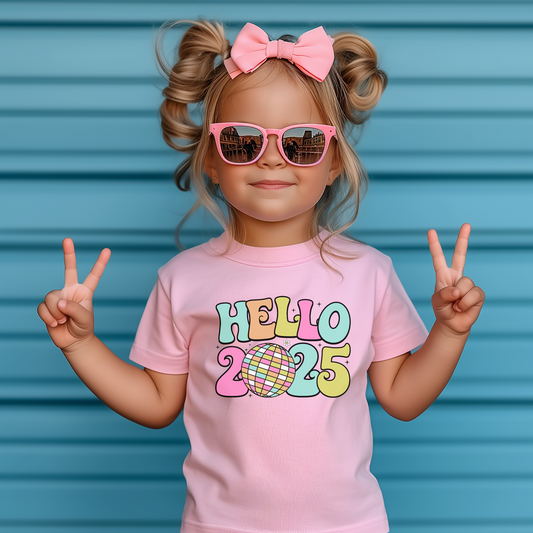 Hello 2025 Pink Bow Shirt for Kids