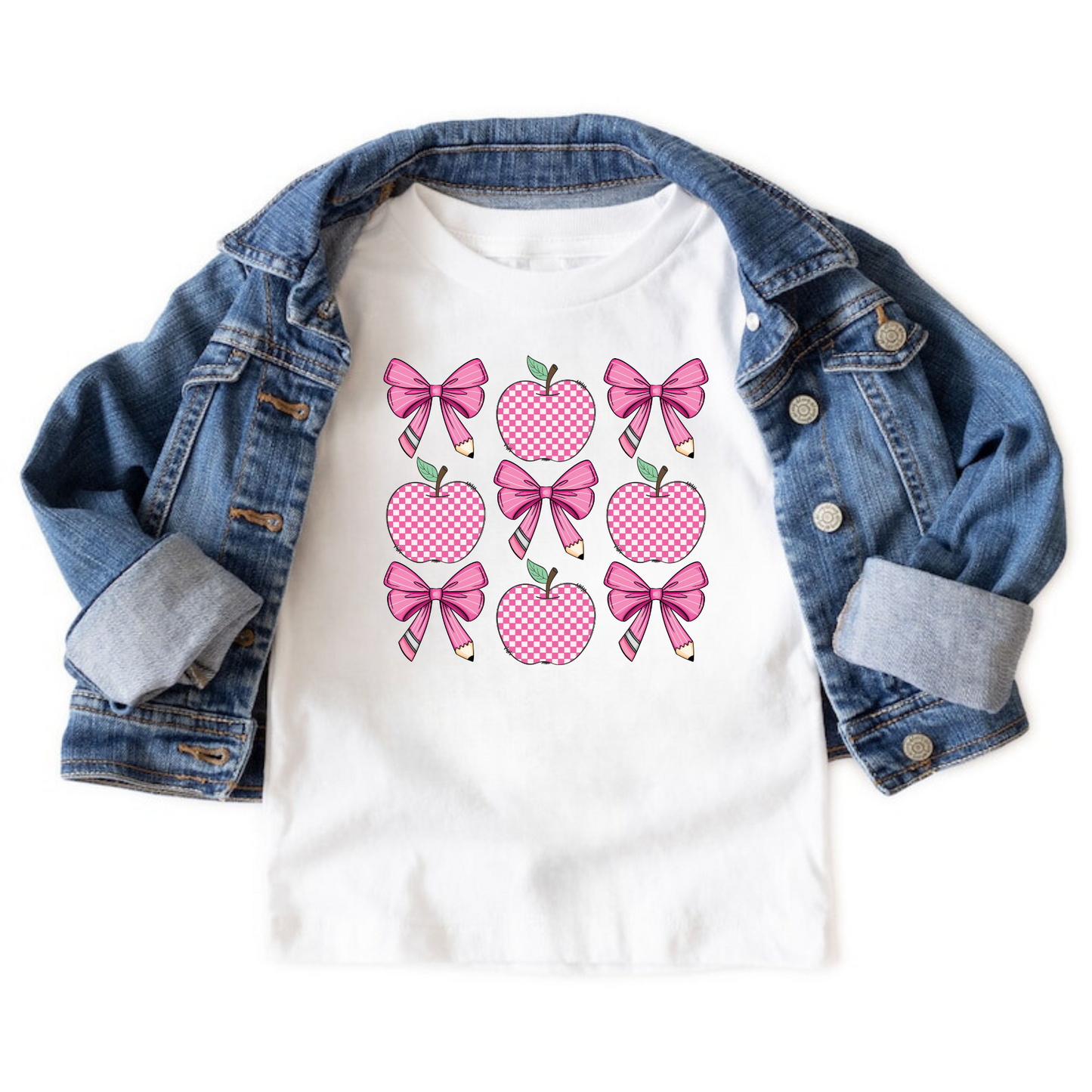 Coquette Pink Apple and Pencil Bow Shirt for Kids