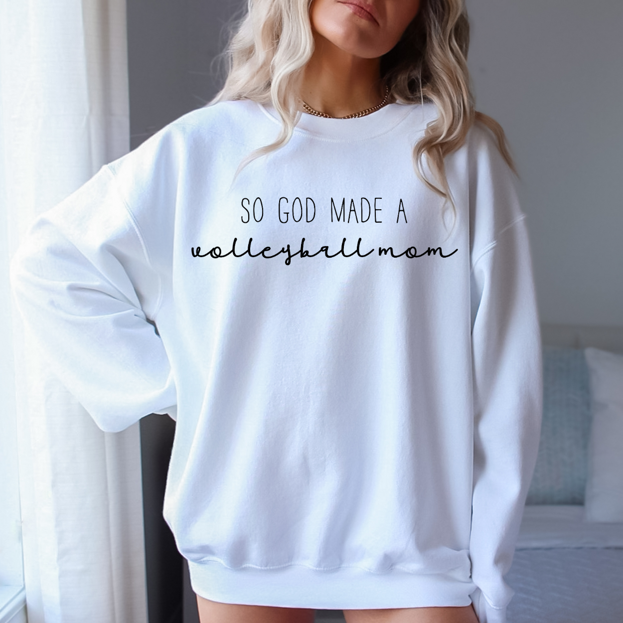 So God Made A Volleyball Mom crewneck sweatshirt for volleyball moms.