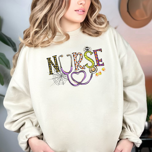 A cute Halloween Nurse Crewneck Sweatshirt, showcasing a fun and stylish design perfect for the spooky season. This nurse sweater is ideal for adding a festive touch to your nurse work outfit. Shop now and elevate your nurse clothes collection with this adorable nurse sweatshirt, the perfect Halloween shirt for nurses.