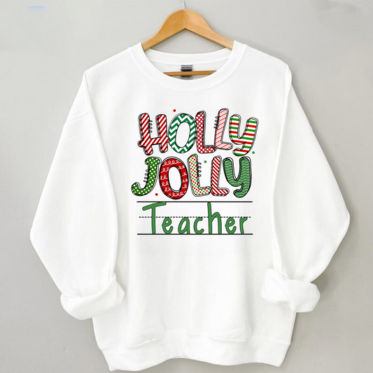 A cute and trendy 'Holly Jolly Teacher' Retro Christmas sweatshirt, perfect for embracing the festive season with a touch of retro charm. The sweater is designed for teachers who want to add holiday cheer to their winter style.