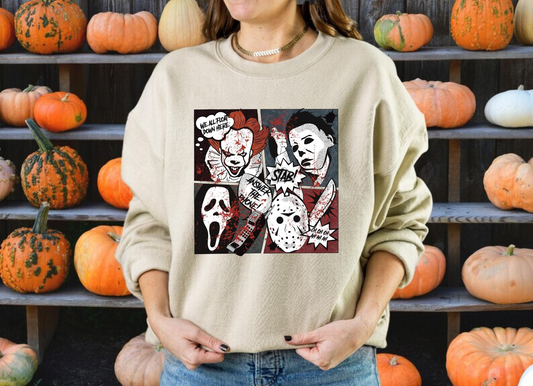 A Halloween horror movie crewneck sweatshirt for women featuring a retro-inspired design with a spooky and comic book aesthetic.