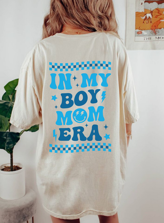 Oversized Comfort Colors shirt with "In My Boy Mom Era" design - Embrace boy mom pride with this trendy preppy shirt in calming blue. Perfect blend of comfort and style for embracing the joys of raising boys.