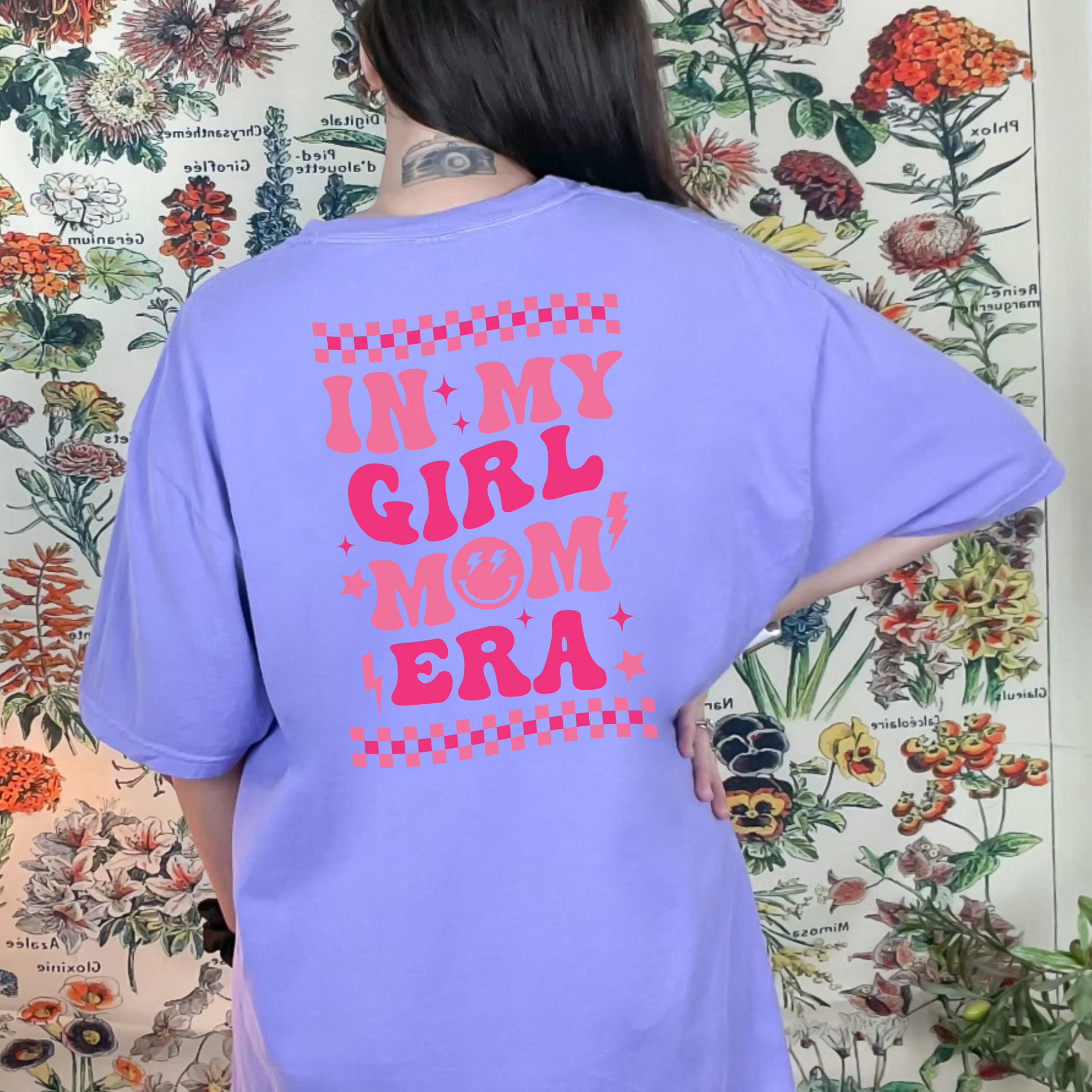 Oversized Comfort Colors shirt with "In My Girl Mom Era" design - Embrace girl mom pride with this trendy preppy shirt in pink. Perfect blend of style and comfort.