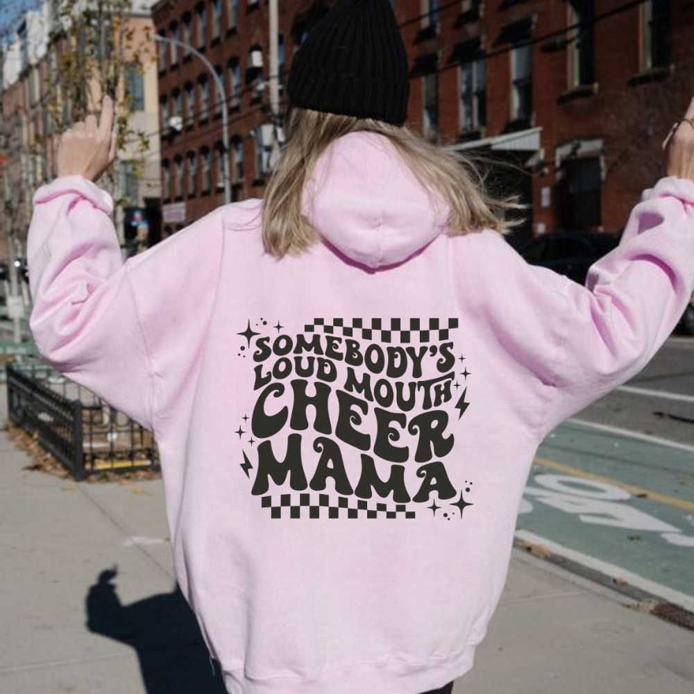 'Somebody's Loud Mouth Cheer Mama' hoodie. This sweatshirt is ideal for showcasing support for cheerleaders, offering a mix of comfort and style in a humorous design.