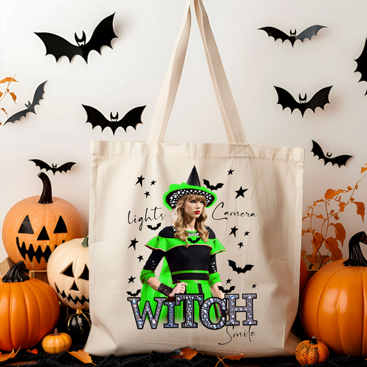 Lights Camera Witch Smile (green witch) - Halloween Tote Bag