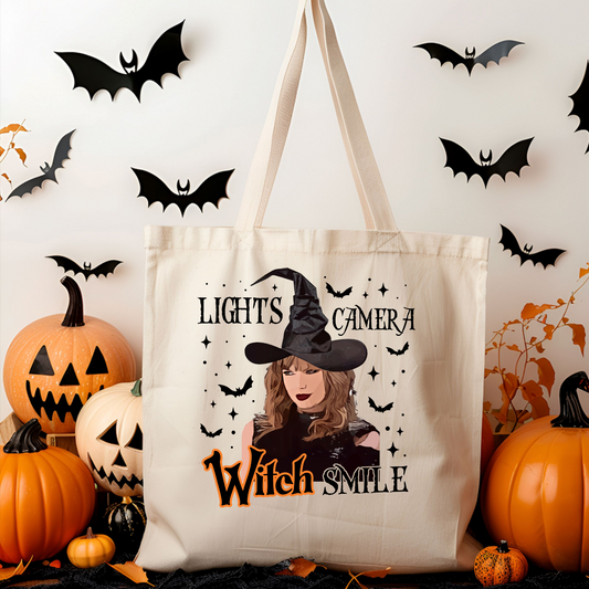 Lights Camera Witch Smile (orange witch) - Halloween Tote Bag