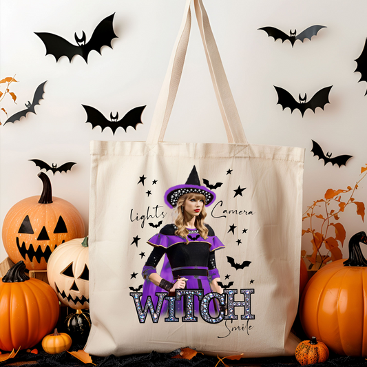 Lights Camera Witch Smile (purple witch) - Halloween Tote Bag