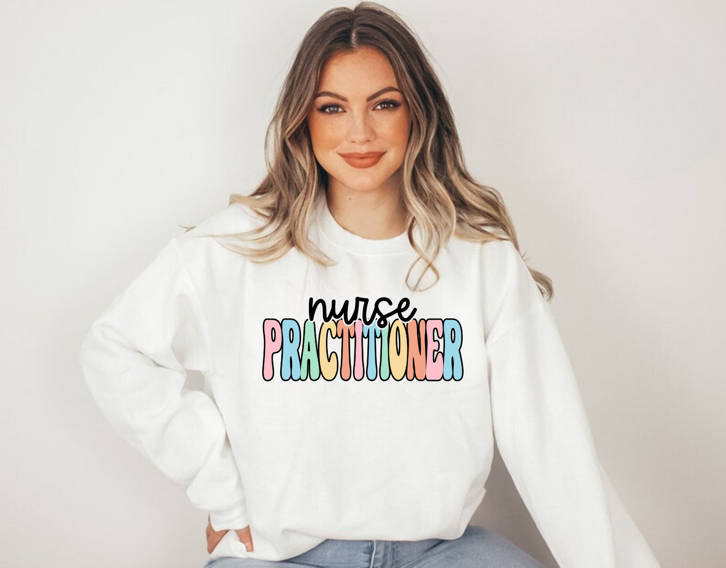 Nurse Practitioner crewneck sweatshirt for women, featuring a stylish design and comfortable fit. Perfect for nurse work outfits or casual wear.