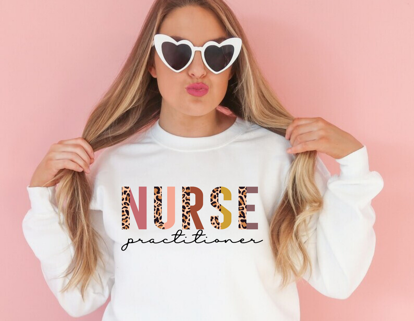 Leopard print nurse practitioner crewneck sweatshirt.