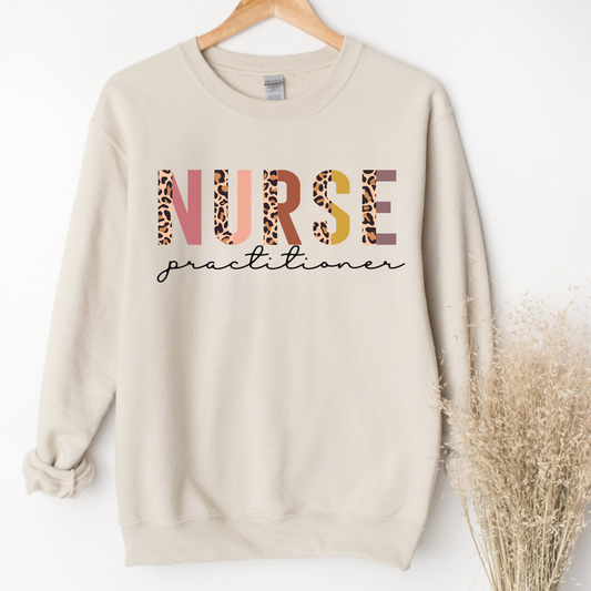 Leopard print nurse practitioner crewneck sweatshirt.