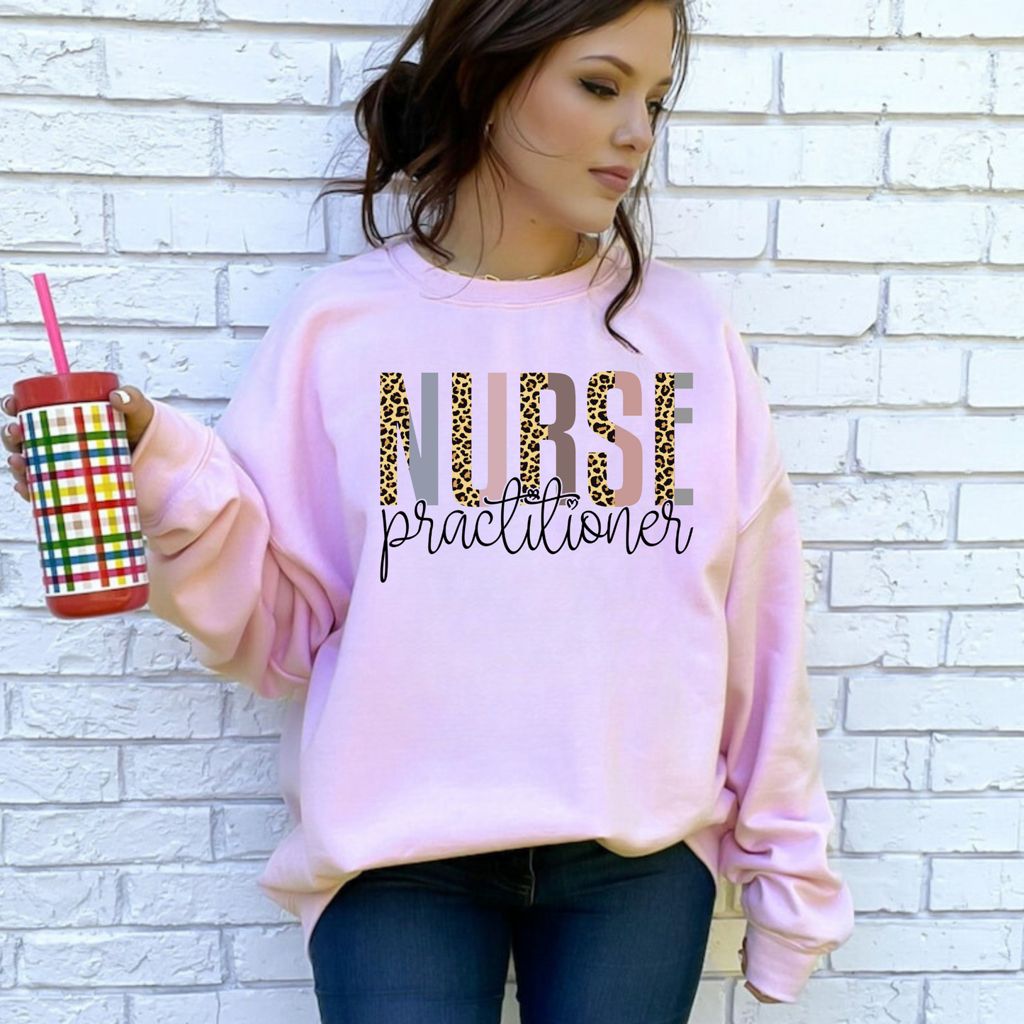 Leopard print Nurse Practitioner crewneck sweatshirt.