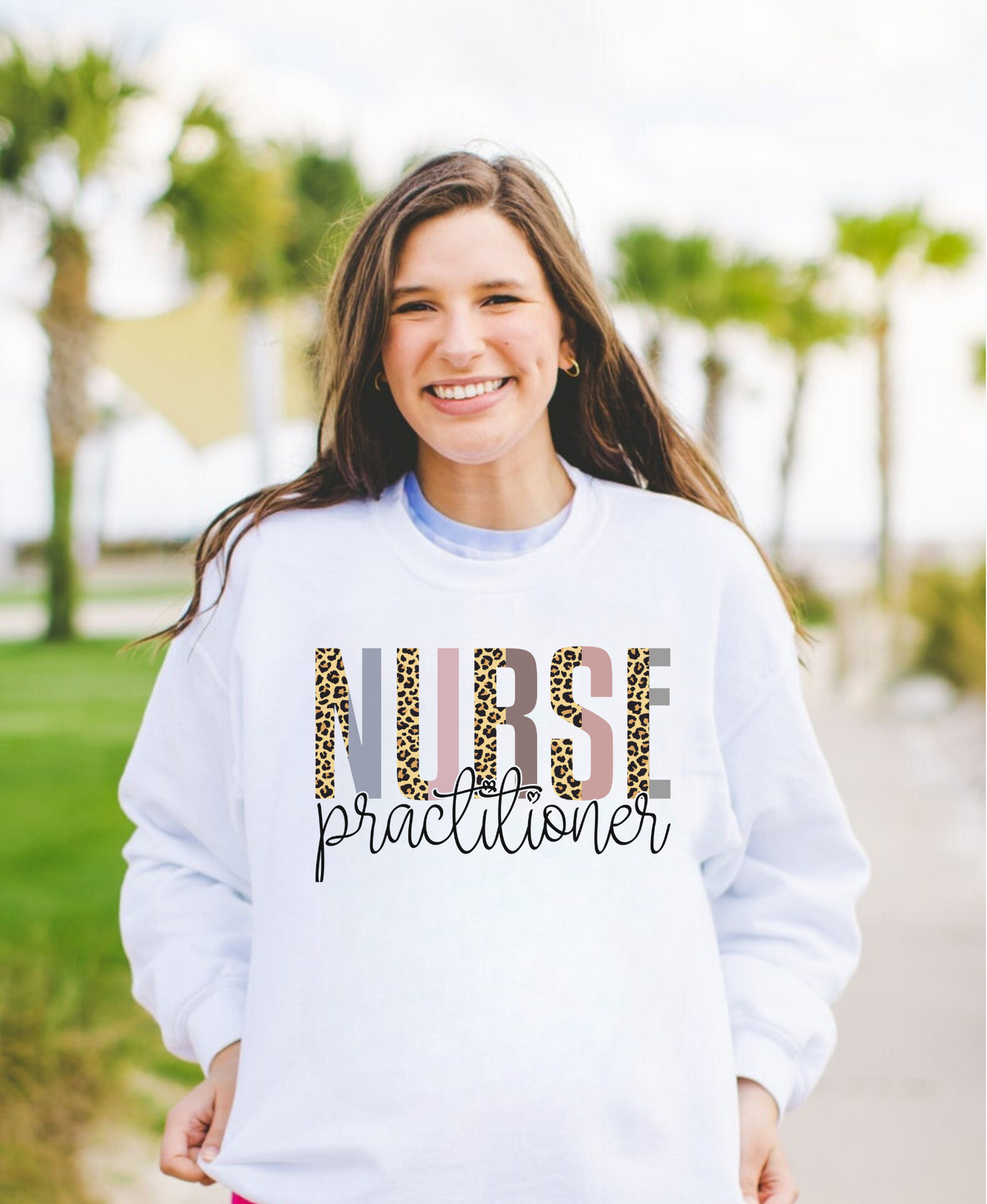 Leopard print Nurse Practitioner crewneck sweatshirt.