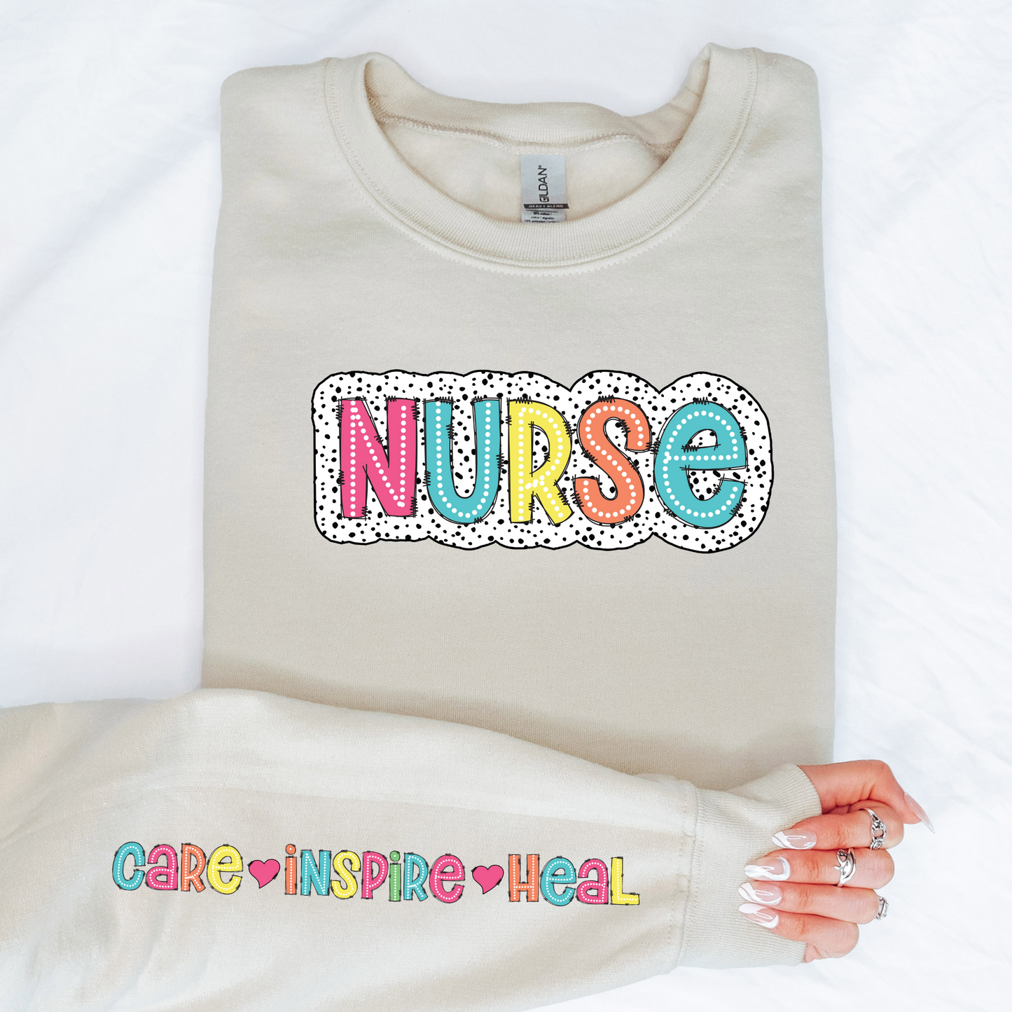 Trendy Dalmation Dots Nurse Crewneck Sweatshirt with Sleeve Design