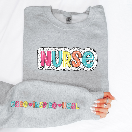 Trendy Dalmation Dots Nurse Crewneck Sweatshirt with Sleeve Design