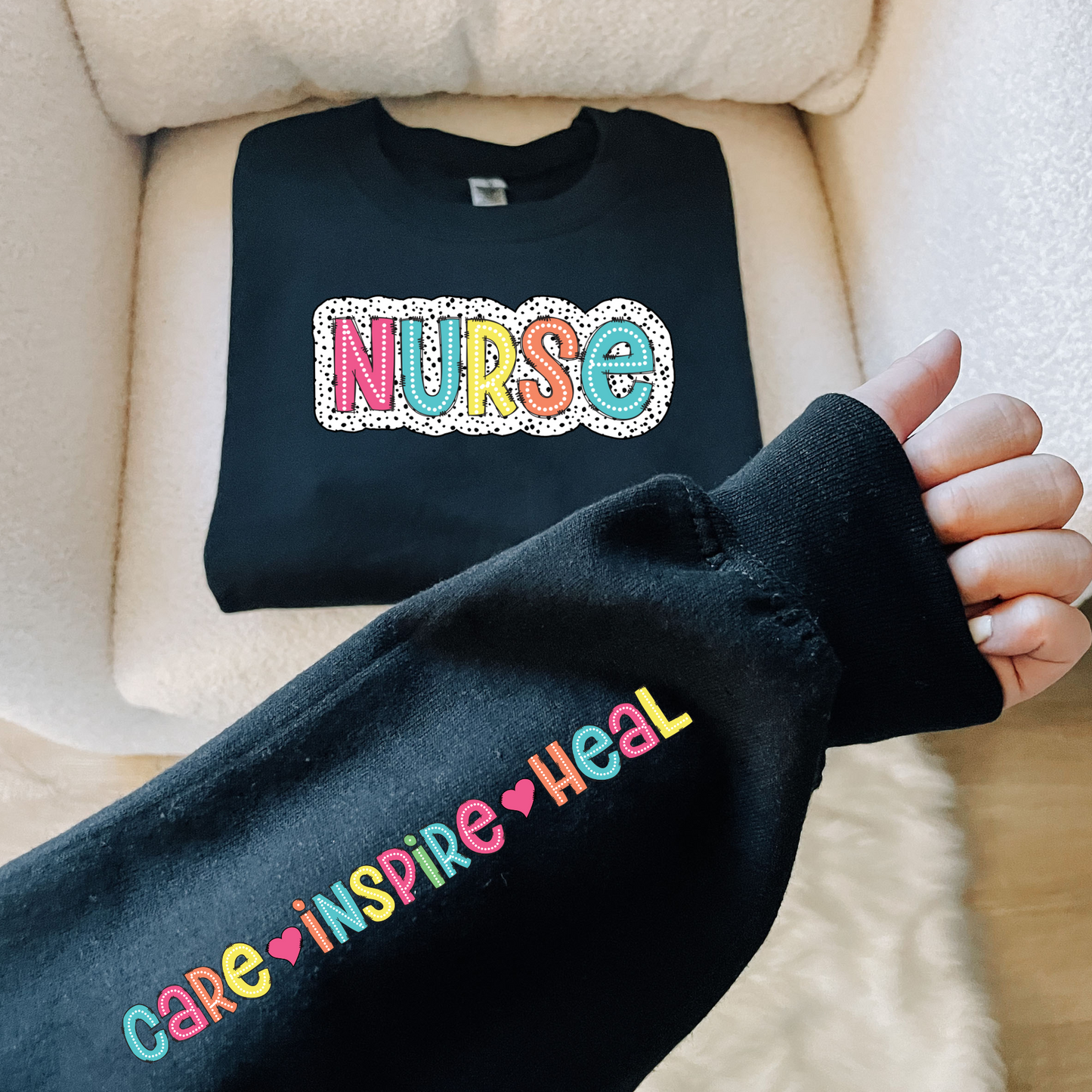 Trendy Dalmation Dots Nurse Crewneck Sweatshirt with Sleeve Design