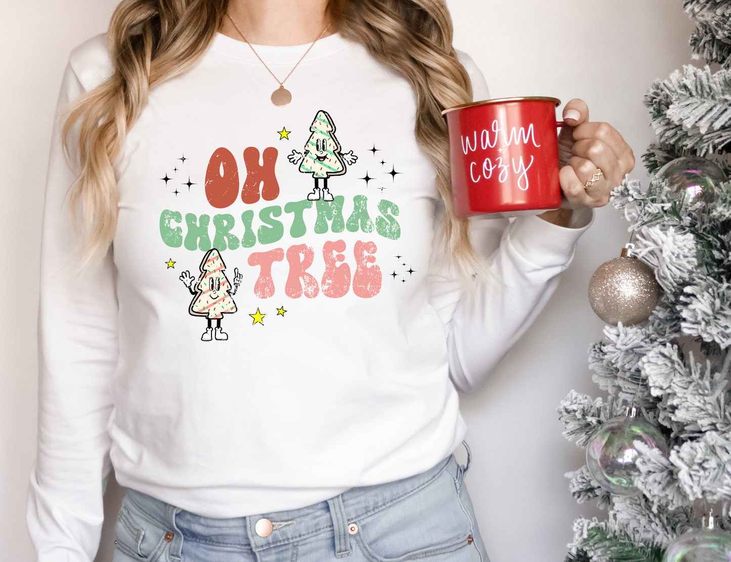 Retro Christmas sweatshirt with vintage-style 'Oh Christmas Tree' design, soft Gildan 18500 material, unisex design
