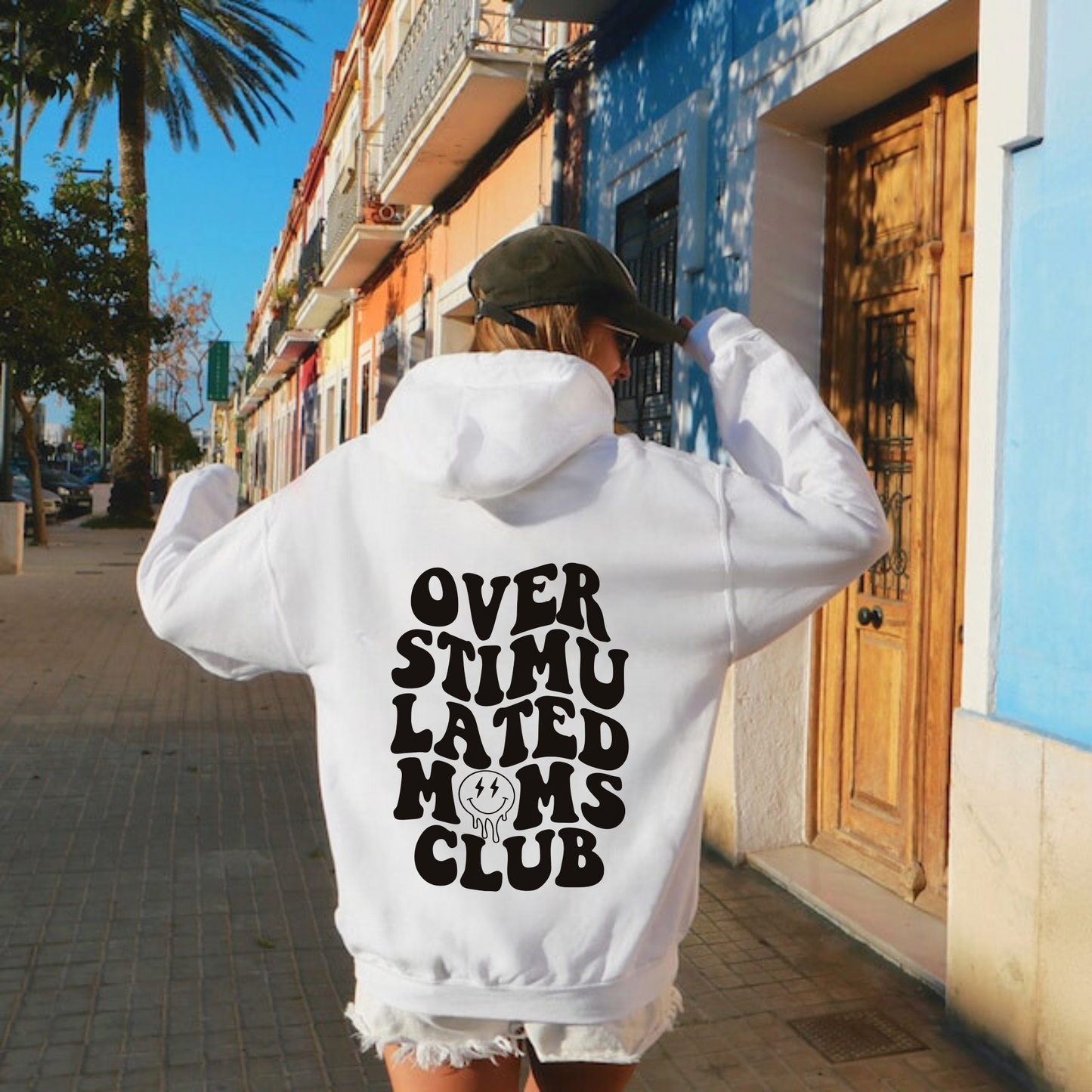 Funny 'Overstimulated Moms Club' hoodie sweatshirt for women with bold text design