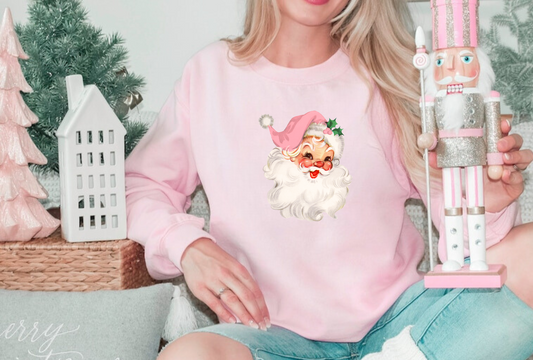 Retro pink leopard print Santa sweatshirt for women - Oversized sweater with vintage pastel design, perfect for a festive and cute holiday look.