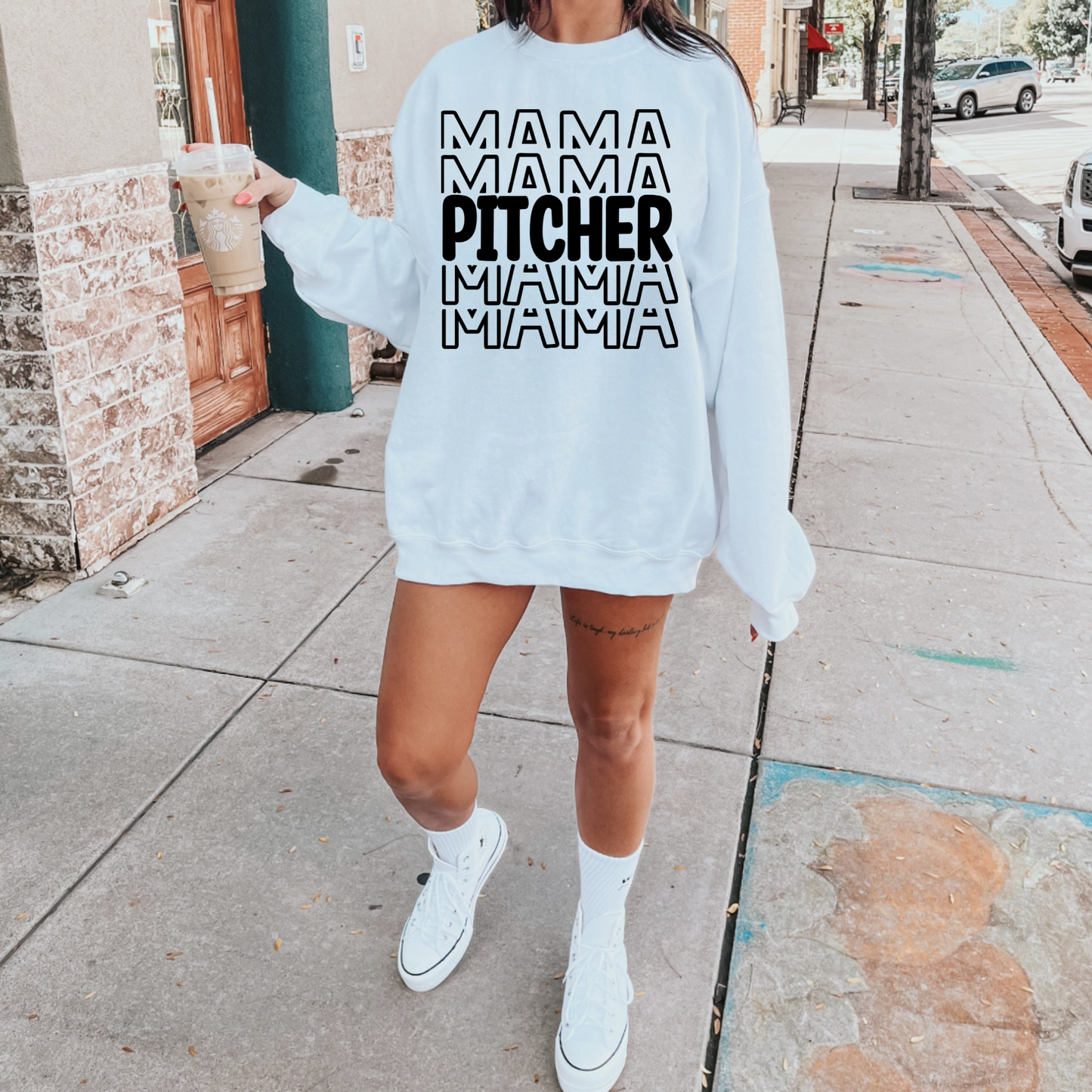 Pitcher Mama baseball crewneck sweatshirt.