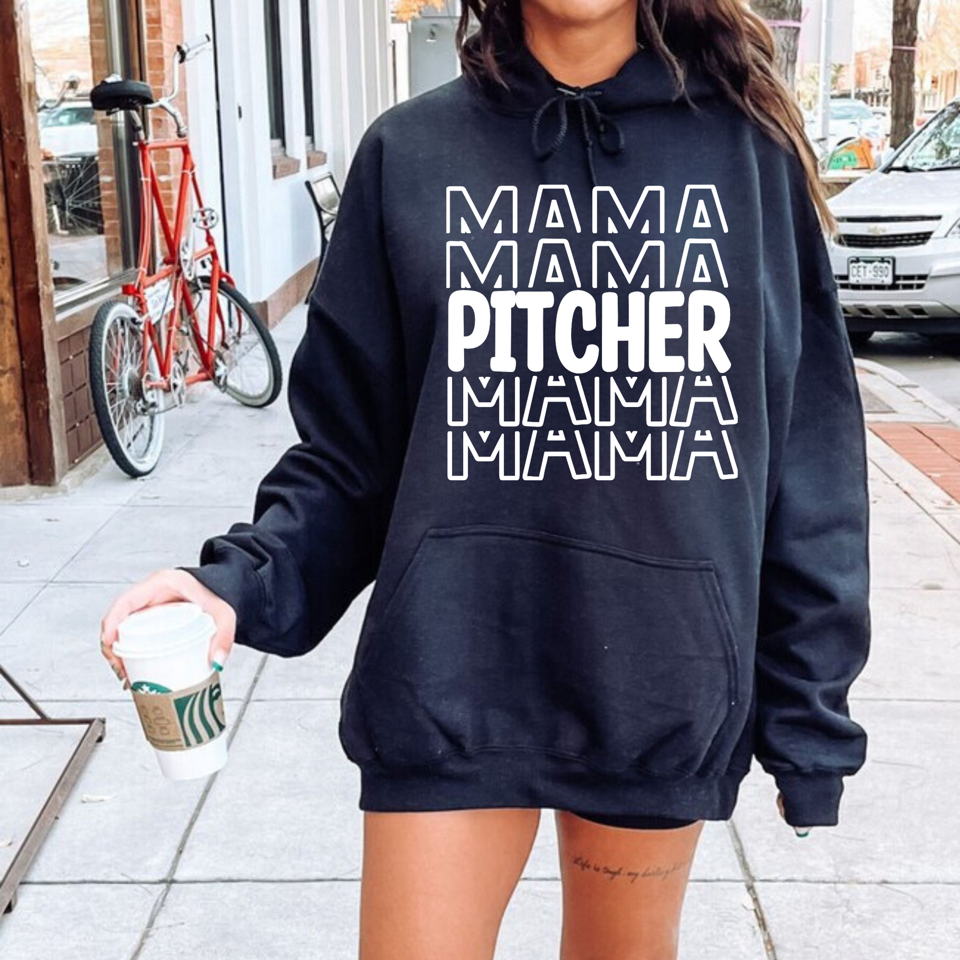 Pitcher Mama baseball crewneck sweatshirt.