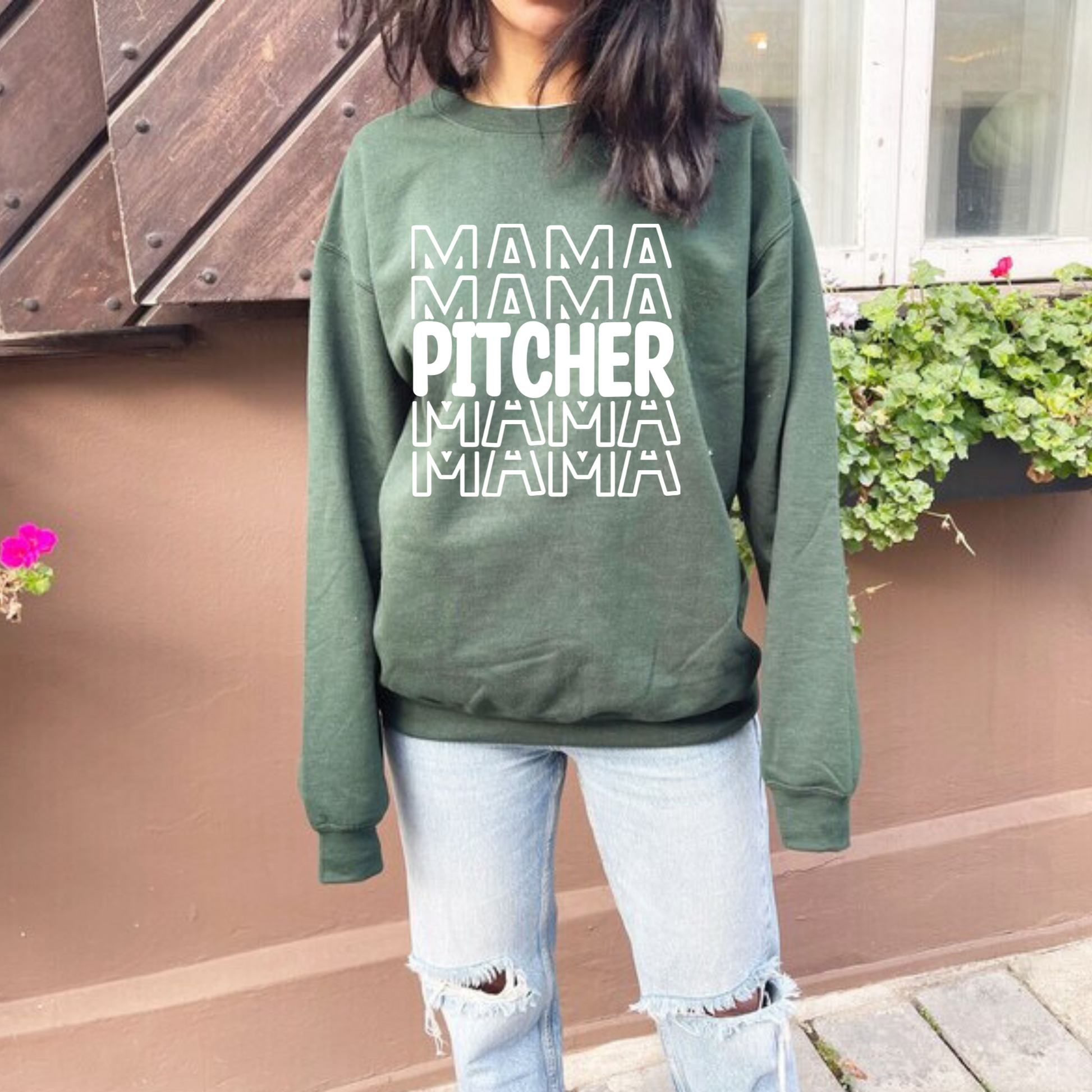 Pitcher Mama baseball crewneck sweatshirt.