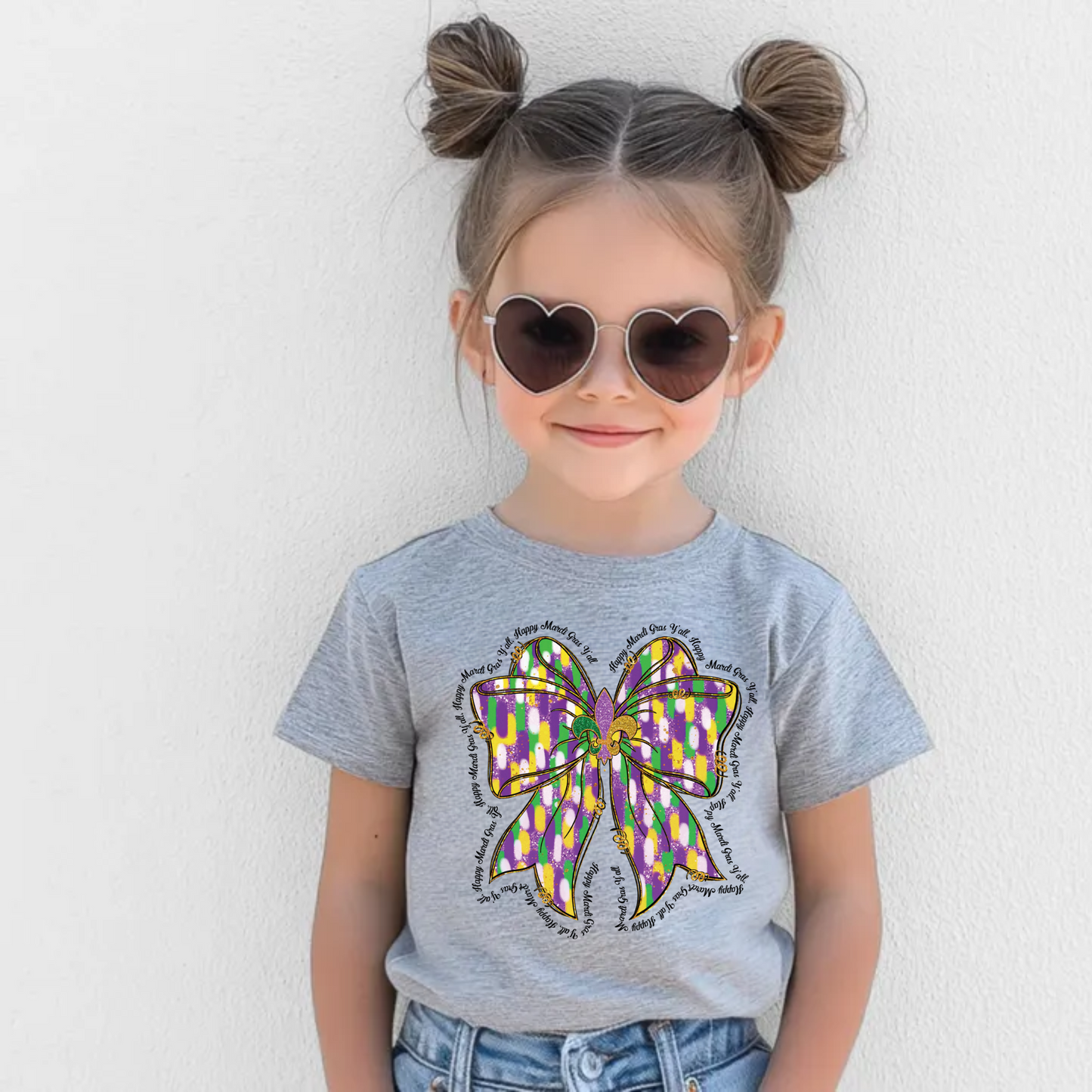 Cute Mardi Gras Shirt for Kids - Happy Mardi Gras Y'all Bow