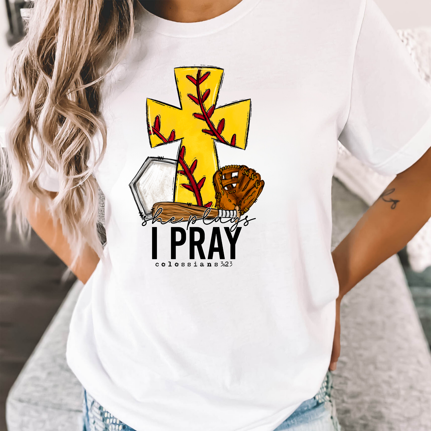 She Plays I Pray Softball Mom Shirt