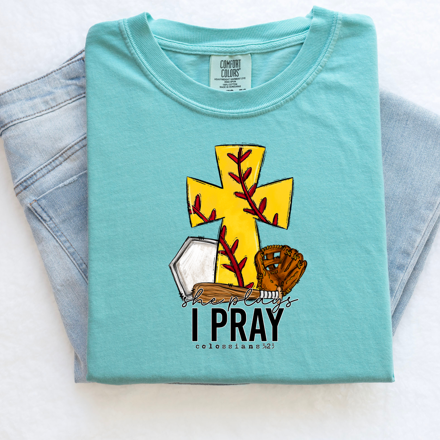 She Plays I Pray Softball Mom Shirt