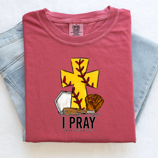 She Plays I Pray Softball Mom Shirt