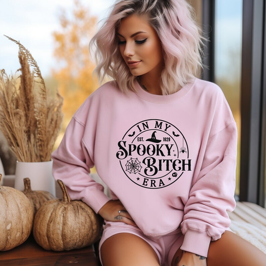 Funny Halloween sweatshirt with "In My Spooky Bitch Era" design - Add a touch of humor and style to your fall wardrobe with this oversized sweatshirt. Perfect for women who want a funny and fashionable Halloween outfit aesthetic during the spooky season.