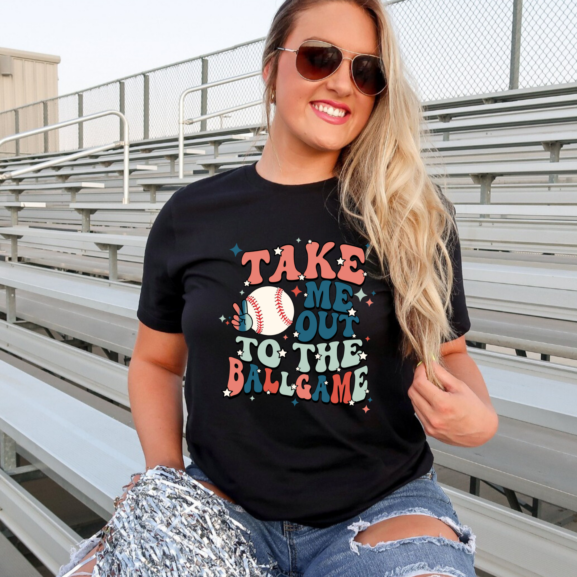 Retro Baseball Shirt with the phrase 'Take me out to the ballgame'. A trendy and cute graphic tee for baseball game days and baseball moms. Perfect for showcasing team spirit with a vintage flair